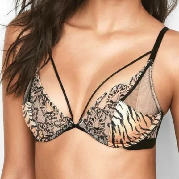Victorias Secret RARE SEXY‎ Strappy Push Up Bra Tiger Animal Mesh Lace 34 DD - Picture 1 of 5